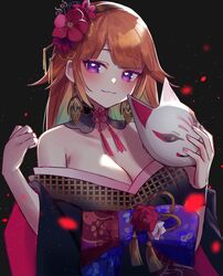  blush breasts cleavage earrings feather_earrings feathers female flower gradient_hair hair_flower hair_ornament highres holding hololive hololive_english japanese_clothes jewelry kimono large_breasts long_hair looking_at_viewer multicolored_hair orange_hair purple_eyes smile solo takanashi_kiara virtual_youtuber yunare 