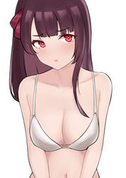  :o absurdres bare_shoulders bikini bikini_top_only bingzhi_juzi blush bra breasts chinese_commentary cleavage collarbone female girls&#039;_frontline hair_ribbon heart heart-shaped_pupils highres long_hair looking_at_viewer medium_breasts navel open_mouth purple_hair red_eyes red_ribbon ribbon simple_background solo swimsuit symbol-shaped_pupils underwear upper_body wa2000_(girls&#039;_frontline) white_background white_bikini white_bra 