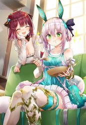  +_+ 2girls :d :t ^_^ alt_(ctrldel) animal_ears aqua_dress arm_rest asymmetrical_legwear asymmetrical_sleeves atelier_(series) atelier_sophie_2 bag black_bow blush bow bowl braid breasts chest_strap cleavage closed_eyes couch cushion detached_collar detached_sleeves dress eating elbow_rest facing_another fake_animal_ears feet_out_of_frame flower green_eyes hair_between_eyes hair_flower hair_ornament hair_rings hairband hairbow hand_on_own_cheek hand_on_own_face head_rest highres holding holding_bowl holding_spoon indoors knees_together_feet_apart leaning_forward light_purple_hair long_hair medium_hair multiple_girls plachta rabbit_ears red_hair red_skirt shirt shoulder_bag side_braid sitting skirt sleeveless sleeveless_dress sleeves_past_wrists smile sophie_neuenmuller spoon sweatdrop thighhighs underbust very_long_hair white_legwear white_shirt wide-eyed window wooden_bowl wooden_spoon 