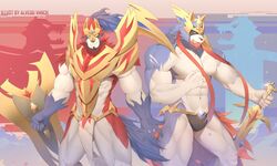  2019 5:3 abs alvedo_vhiich anthro armor biceps biped black_nose blue_body blue_fur brother_(lore) brothers_(lore) crowned_shield_zamazenta crowned_sword_zacian duo fur generation_8_pokemon holding_melee_weapon holding_object holding_shield holding_sword holding_weapon legendary_pokemon male melee_weapon multicolored_body multicolored_fur muscular muscular_male nintendo pecs pokemon pokemon_(species) red_body red_fur shield sibling_(lore) signature standing sword triceps two_tone_body two_tone_fur unconvincing_armor weapon white_body white_fur zacian zamazenta 