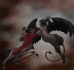  2019 angel_wing aquatic_dragon azazel black_body black_fur black_wings brother_(lore) claws demon digital_media_(artwork) domestic_cat dragon duel duo feathers felid feline felis feral fight fur grey_body grey_fur horn inkwinq jewish_mythology leviathan mammal marine mythological_creature mythological_marine mythological_scalie mythology panthera_arven red_body red_fur sa-chat scalie sibling_(lore) simple_background spade_tail tail teeth wings 