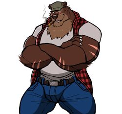  absurd_res anthro bear bottomwear brown_bear brown_body brown_fur cigar clothing crossed_arms darknaigart flannel_shirt fur grey_clothing grey_shirt grey_topwear grizzly_bear gus_(grizzlygus) hat headgear headwear hi_res kodiak_bear male mammal muscular muscular_anthro muscular_male overweight overweight_male pants shirt simple_background smoke solo topwear ursine white_background 