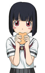  black_hair blunt_bangs blush_stickers bob_cut eating female food kamichu! looking_at_viewer mole nagian red_eyes saegusa_miko school_uniform serafuku short_hair simple_background solo taiyaki wagashi white_background 