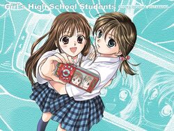  2girls brown_hair camera_phone cellphone cellphone_photo english_text engrish_text hair_bobbles hair_ornament joshi_kousei multiple_girls ooshima_towa phone plaid plaid_skirt pleated_skirt ranguage school_uniform skirt source_request suzuki_yuma takahashi_eriko zoom_layer 