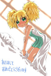  altessa_(futagohime) bed_sheet blonde_hair blush closed_mouth dress female fushigiboshi_no_futago_hime grabbing_own_arm green_dress green_eyes hair_between_eyes long_hair pillow s-dojo short_dress short_hair solo translated twintails window 