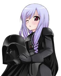  aria_(sister_princess) black_gloves cosplay darth_vader darth_vader_(cosplay) drill_hair female gloves long_hair open_mouth parody pun purple_hair removing_helmet simple_background sister_princess solo star_wars sweatdrop textless_version white_background wince yatsune_rika 