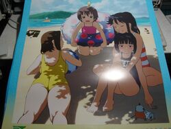  4girls :d age_difference akikan_korogashi alternate_hairstyle ball barefoot beach beachball black_hair blue_eyes blue_one-piece_swimsuit blunt_bangs blush bob_cut breasts brown_hair can casual_one-piece_swimsuit closed_eyes cloud day feet flat_chest glasses gradient grin haishigu_noriko harisen_houya hitotsubashi_yurie hug hug_from_behind innertube kamichu! kneepits large_breasts lolicon long_hair lying mountain multiple_girls name_tag ocean official_art on_ground on_head on_stomach one-piece_swimsuit open_mouth outdoors person_on_head photo_(medium) pink_one-piece_swimsuit polka_dot ponytail red_eyes saegusa_matsuri saegusa_miko school_swimsuit seiza shade shijou_mitsue shime_jii siblings sidelocks sisters sitting sky smile striped_clothes striped_one-piece_swimsuit swim_ring swimsuit whale yellow_one-piece_swimsuit 