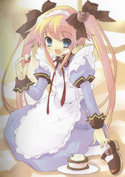  bear_hair_ornament blonde_hair blue_eyes copyright_request cream female food food_on_face fruit hair_ornament highres holding holding_food ice_cream ice_cream_sandwich ito_noizi long_hair long_sleeves maid photoshop_(medium) pink_hair ribbon solo source_request strawberry twintails 