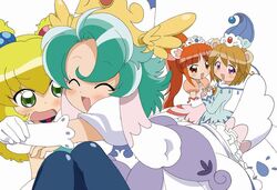  4girls ^_^ altessa_(futagohime) animal_ears artist_request blonde_hair brown_eyes closed_eyes elbow_gloves fushigiboshi_no_futago_hime glomp gloves green_eyes green_hair hair_bobbles hair_ornament hat hug knees_together_feet_apart leonne_(futagohime) long_hair looking_at_viewer magical_girl miruro_(futagohime) multiple_girls pantyhose purple_eyes red_hair short_hair simple_background smile sophie_(futagohime) source_request symmetrical_hand_pose tiara very_long_hair white_gloves 