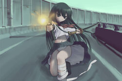  aiming aiming_at_viewer artist_request azuma_hazuki bad_id bandages black_eyes black_hair blunt_bangs casing_ejection dual_wielding extended_magazine female firing glock gun handgun holding holding_gun holding_weapon jersey_barrier katana lingerie long_hair long_sleeves midriff muzzle_flash on_one_knee outstretched_arms panties parody petticoat pleated_skirt road school_uniform serafuku shell_casing skirt solo spread_arms sword the_matrix traffic_barrier underwear weapon white_panties yami_to_boushi_to_hon_no_tabibito 