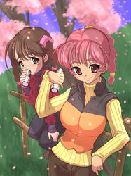  2girls blush braid brown_eyes brown_hair can cherry_blossoms drink fence grass long_sleeves multiple_girls original pink_eyes pink_hair smile striped sweater tree tsujizen turtleneck twin_braids vest 