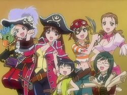  6+girls anime_screenshot brown_background everyone himeji_kyouko jolly_roger joshi_kousei kouda_akari multiple_girls ogawa_ikue pirate satou_ayano skull_and_crossbones skull_and_crossed_swords skull_print suzuki_yuma takahashi_eriko 