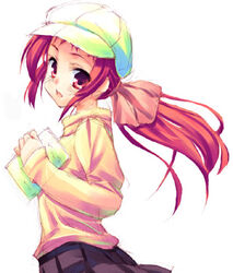  cabbie_hat female hat hoshizaki_hikaru long_hair long_sleeves looking_at_viewer lowres onda_aka profile rec_(manga) red_eyes red_hair simple_background solo white_background 