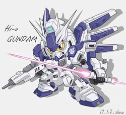  beam_rifle beam_saber blue_eyes char&#039;s_counterattack char&#039;s_counterattack_-_beltorchika&#039;s_children character_name chibi colored_sclera dated energy_gun energy_sword english_text fin_funnels funnels_(gundam) gundam hi-nu_gundam looking_at_viewer mecha mobile_suit no_humans robot science_fiction sd_gundam shokkaa_(shmz61312) signature solo sword v-fin weapon yellow_sclera 