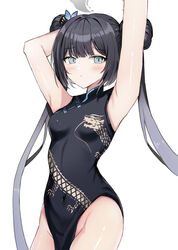  arm_up armpits ass black_dress black_hair blue_archive blunt_bangs breasts butterfly_hair_ornament china_dress chinese_clothes commentary_request double_bun dress female grey_eyes groin hair_between_eyes hair_bun hair_ornament halo highres kisaki_(blue_archive) long_hair looking_at_viewer namakisama no_panties pelvic_curtain presenting_armpit side_slit sidelocks simple_background sleeveless sleeveless_turtleneck_dress solo turtleneck twintails white_background 