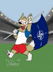  2019 3_toes anthro armeddillo black_nose blue_eyes bottomwear canid canine canis clothing compass dipstick_tail eyewear feet field fifa flag flag_(object) football_field fur gesture goggles hand_gesture hi_res looking_up male male_anthro mammal markings mascot nato_flag north_atlantic_treaty_organization open_mouth pawpads paws political_cartoon politics red_bottomwear red_clothing red_shorts russia russian shirt shorts soccer_jersey soccer_uniform solo sport sportswear stadium tail tail_markings toes tongue tongue_out topwear uniform v_sign white_body white_clothing white_feet white_fur white_shirt white_topwear wolf zabivaka 