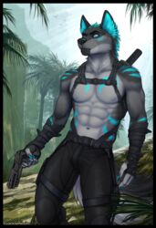  5_fingers abs absurd_res anthro armor belt black_body black_border black_fur blue_claws blue_eyes blue_hair blue_markings border bottomwear canid canine canis claws clockhands clothed clothing detailed_background eyebrows facial_markings fangs fingers forest front_view fur grey_body grey_fur gun hair handgun harness head_markings hi_res holding_gun holding_handgun holding_object holding_pistol holding_ranged_weapon holding_weapon inner_ear_fluff jungle male mammal markings matt_wolf melee_weapon multicolored_body multicolored_fur muscular muscular_anthro muscular_male neck_tuft palm_tree pants pecs pistol plant ranged_weapon solo standing sword tactical_gear teeth topless topless_anthro topless_male tree tuft weapon weapon_holster weapon_on_back wolf 