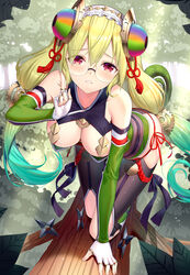  all_fours animistic arm_support bare_shoulders black_ribbon black_thighhighs blonde_hair blush breast_cutout breasts center_opening chameleon_girl chameleon_tail cleavage commentary_request detached_sleeves elbow_gloves embarrassed female fingerless_gloves glasses gloves green_hair green_shirt green_sleeves hair_between_eyes hair_ornament hair_ribbon hand_up hanging_breasts headdress headgear highres knee_cutout large_breasts layered_gloves long_hair looking_at_viewer mechanical_parts multicolored_hair multicolored_sleeves nature ninja outdoors panties parted_lips purple_sleeves red_eyes red_ribbon ribbon ririko_(zhuoyandesailaer) shirt shuriken side-tie_panties solo tail teeth thighhighs tree twintails two-tone_hair underwear weapon white_gloves white_headdress 