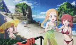  6+girls :d absurdres beach beach_umbrella bikini blonde_hair blue_hair breasts camera casual_one-piece_swimsuit cleavage cloud color_halftone cover crease day dvd_cover green_eyes green_one-piece_swimsuit green_sarong grey_hair highres holding holding_camera innertube inose_mai jewelry koisuru_asteroid konohata_mira manaka_ao morino_mari multiple_girls navel necklace ocean official_art one-piece_swimsuit open_mouth orange_hair outdoors ponytail purple_eyes purple_hair railing red_bikini red_eyes red_hair sakurai_mikage sand sarong scan sky smile suzuya_moe swim_ring swimsuit umbrella water white_bikini yamazaki_jun yellow_innertube 