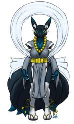  3_fingers 3_toes alpha_channel anthro bandai_namco beaded_jewelry beaded_necklace beads big_breasts black_body black_fur black_sclera blue_body blue_eyes breasts canid canine canis chest_tuft claws cleavage clothed clothing digimon digimon_(species) digital_media_(artwork) fakemon fan_character feet female finger_claws fingers footwear fox front_view fur furball huge_breasts hybrid jewelry legwear looking_at_viewer mammal markings mikomon multi_tail multicolored_body multicolored_fur necklace renamon shoes shrine_maiden simple_background slippers smile solo stockings tail thick_thighs thigh_stockings toes tuft wide_hips yin_yang 