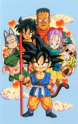  2girls 6+boys android_8 animal beard black_eyes black_hair blue_background blue_eyes bo_staff bulma_briefs cloud dark-skinned_male dark_skin dougi dragon_ball dragon_ball_(classic) dragon_ball_(object) facial_hair feline flattop grey_hair hat holding holding_polearm holding_weapon looking_at_viewer moustache multiple_boys multiple_girls muten_roushi non-web_source official_art old old_man oolong pig polearm puar retro_artstyle ruyi_jingu_bang saiyan scan simple_background smile son_goku standing sunglasses tail turtle turtleneck umigame_(dragon_ball) v weapon wristband yamcha 