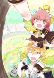  1boy absurdres atelier_(series) atelier_lydie_&amp;_suelle blonde_hair blue_eyes blush bow bowtie breasts carrying_over_shoulder cleavage commentary_request female flower gloves graphite_(medium) grass hairband hakisouji highres long_hair mathias_ferrier_adalett one_eye_closed open_mouth pink_eyes pink_hair sparkling_eyes suelle_marlen traditional_media tree 