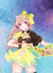  atelier_(series) atelier_lydie_&amp;_suelle bow breasts capelet cleavage commentary_request female hairband highres long_hair mkr_ue paintbrush pink_eyes pink_hair solo suelle_marlen thighhighs 