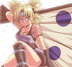  arm_behind_back black_footwear black_gloves black_shorts blonde_hair blurry blurry_background boots cleavage_cutout closed_mouth clothing_cutout female fishnets forehead_protector gloves green_eyes hand_fan highres holding holding_fan lewdamone looking_at_viewer naruto_(series) naruto_shippuuden ninja petals short_sleeves shorts simple_background smile solo temari_(naruto) thighs v-shaped_eyebrows white_background 