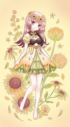  absurdres asayama atelier_(series) atelier_lydie_&amp;_suelle bad_id bad_pixiv_id barefoot blush bow bowtie breasts cleavage commentary_request female flower flower_wreath highres leaf long_hair pink_eyes pink_hair solo suelle_marlen sunflower yellow_background 