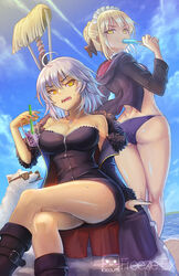  2girls artoria_pendragon_(alter_swimsuit_rider)_(fate) artoria_pendragon_(alter_swimsuit_rider)_(second_ascension)_(fate) artoria_pendragon_(fate) ass back bare_shoulders beach bikini breasts canine cavall_the_2nd cleavage cloud collarbone commentary cup day disposable_cup dress drinking_straw eating english_commentary fate/grand_order fate_(series) food freeze-ex hair_between_eyes holding jacket jeanne_d&#039;arc_alter_(fate) jeanne_d&#039;arc_alter_(ver._shinjuku_1999)_(fate) jewelry large_breasts long_hair looking_at_viewer maid maid_headdress mop multiple_girls necklace official_alternate_costume open_mouth outdoors popsicle samoyed_(dog) short_hair sitting sky standing strapless strapless_dress sunglasses swimsuit teeth tongue water yellow_eyes 