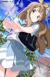  absurdres bad_id bad_pixiv_id blonde_hair blue_neckerchief blue_sailor_collar blue_skirt blue_sky blush building closed_eyes cloud dutch_angle female green_eyes hair_ribbon hibike!_euphonium highres interlocked_fingers kitauji_high_school_uniform long_hair looking_at_viewer looking_down midriff_peek neckerchief outdoors outstretched_arms pleated_skirt ribbon sailor_collar school_uniform serafuku shirt short_sleeves skirt sky smile solo standing tree white_gorilla_(okamoto) white_shirt yellow_ribbon yoshikawa_yuuko 