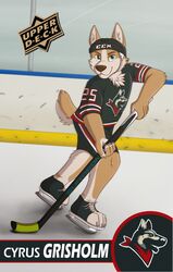  anthro blue_eyes bottomwear canid canine canis card_template character_name claws clothing domestic_dog full-length_portrait fur herding_dog hi_res hockey hockey_card hockey_jersey hockey_player hockey_stick holding_object ice_rink ice_skates inside kutekittykatt logo looking_at_viewer male mammal multicolored_body multicolored_fur number pastoral_dog portrait short_sleeves short_tail shorts skating smile solo sport tail tan_body tan_fur tan_tail trading_card trading_card_template two_tone_body two_tone_fur welsh_corgi 