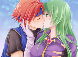  1boy breasts cecilia_(fire_emblem) closed_eyes female fingerless_gloves fire_emblem fire_emblem:_the_binding_blade gloves grabbing grabbing_another&#039;s_breast green_eyes green_hair ham_pon headband highres kissing long_hair red_hair roy_(fire_emblem) short_hair short_sleeves straight white_gloves 