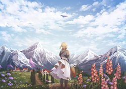  animal bird blonde_hair blue_jacket blurry blurry_foreground braid braided_bun brown_footwear bud building check_flower cloud commentary_request cornflower dirt_road double_bun dress facing_away female flower from_behind gladiolus grass hair_bun hair_ribbon highres holding holding_suitcase holding_umbrella jacket juliet_sleeves long_sleeves mountain mountainous_horizon outdoors path petals petticoat puffy_sleeves purple_flower red_flower red_ribbon ribbon road seki_rice short_hair signature solo standing suitcase tree umbrella violet_evergarden violet_evergarden_(series) white_dress wide_shot wind 