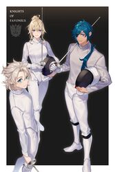  2boys albedo_(genshin_impact) alternate_costume blonde_hair blue_eyes blue_hair commentary dark-skinned_male dark_skin epee eyepatch female fencing fencing_suit genshin_impact grey_hair hair_between_eyes highres holding holding_weapon jean_(genshin_impact) k_young03 kaeya_(genshin_impact) long_hair long_sleeves multiple_boys ponytail rapier smile sword symbol-only_commentary weapon 