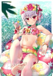  bare_shoulders beach bikini blush breasts collarbone commentary cup drinking_glass fate/grand_order fate_(series) feet female flower_wreath food fruit green_bikini grey_hair hair_ribbon head_wreath highres innertube kama_(fate) kama_(swimsuit_avenger)_(fate) kama_(swimsuit_avenger)_(first_ascension)_(fate) legs looking_at_viewer miniskirt ocean orange_(fruit) orange_slice rainbow_skirt red_eyes ribbon short_hair sitting skirt small_breasts smile solo swim_ring swimsuit wet xephonia 