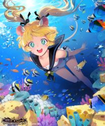  air_bubble animal_ears armband bare_shoulders blonde_hair blue_eyes bubble character_request chkuyomi commentary_request copyright_name coral female fish hair_ribbon long_hair official_art one-piece_swimsuit open_mouth ribbon sailor_collar shingeki_no_bahamut sleeveless smile swimming swimsuit symbol-shaped_pupils tail twintails underwater white_one-piece_swimsuit 