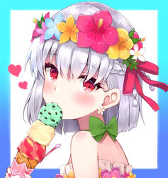  bare_shoulders bikini blush breasts commentary fate/grand_order fate_(series) female flower_wreath food grey_hair hair_ribbon head_wreath heart highres ice_cream ice_cream_cone kama_(fate) kama_(swimsuit_avenger)_(fate) kama_(swimsuit_avenger)_(first_ascension)_(fate) looking_at_viewer red_eyes ribbon shimejirou_(000kk) short_hair small_breasts solo swimsuit 