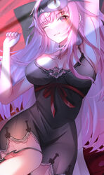  absurdres arm_up armpits black_choker black_nightgown blush breasts choker commentary earrings female highres hololive hololive_english jewelry large_breasts long_hair looking_at_viewer mask mask_on_head messy_hair mori_calliope mori_calliope_(sleepwear) nightgown one_eye_closed pink_hair red_eyes red_ribbon ribbon single_earring skull_earrings sleep_mask sleepwear smile solo symbol-only_commentary virtual_youtuber zacky 