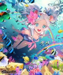  animal_ears armband blue_eyes braid character_request chkuyomi commentary_request copyright_name coral female fish flower hair_flower hair_ornament long_hair ocean official_art open_mouth pink_flower rainbow sailor_collar school_uniform serafuku shingeki_no_bahamut single_braid sleeveless smile starfish swimming symbol-shaped_pupils tropical_fish twintails underwater white_hair 