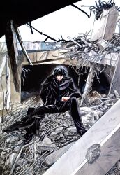  1boy absurdres black_clothes black_hair blue_eyes clamp_(circle) closed_mouth collapsed destruction hand_on_leg highres industrial_pipe long_sleeves male_focus metal non-web_source official_art pillar post-apocalypse rubble ruins serious shirou_kamui sitting solo spread_legs traditional_media x_(manga) 