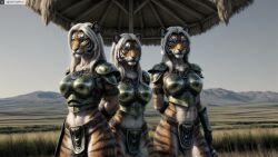  3girls ai_generated animal_ears anthro armor artist_name breastplate female_anthro furry furry_female hi_res high_resolution highres multiple_girls photorealistic realistic stable_diffusion twitter twitter_username watermark yiffyjiffy2 yiffyjiffy69 