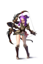  absurdres animal_ears archer_(tera_online) black_coat black_gloves black_socks blue_eyes bow_(weapon) cat_ears coat elin female full_body gloves highres kneehighs korean_commentary long_hair pjman purple_hair shoes short_hair short_shorts short_twintails shorts simple_background socks solo tail tera_online thighs twintails weapon white_background white_shorts 