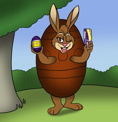  3_toes 4_fingers anthro barefoot blue_sky brown_body brown_eyes brown_feet brown_fur cadbury cadbury_bunny candy chocolate chocolate_egg clearing clothing costume day dessert detailed_background egg feet female fingers food food_costume forest fur grass holding_food holding_object lagomorph leporid mammal mascot one_eye_closed open_mouth open_smile outside pink_nose plant rabbit sky smile smiling_at_viewer solo standing toes tree vixdojofox wink 