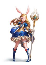  absurdres animal_ears arm_up blonde_hair blue_dress boots bridal_garter dress elin female full_body gloves high_heels highres knee_boots korean_commentary legs long_hair pink_eyes pjman priest_(tera_online) rabbit_ears simple_background smile solo staff tera_online thighs v weapon white_background white_footwear white_gloves 