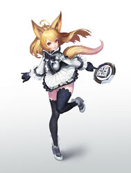  absurdres ahoge animal_ears black_footwear black_gloves black_thighhighs blonde_hair boots brown_eyes commentary_request dog_ears dog_tail dress elin female full_body gloves high_heels highres korean_commentary leg_up long_hair pjman short_dress simple_background smile solo sorcerer_(tera_online) standing standing_on_one_leg tail tera_online thighhighs thighs weapon white_background white_dress zettai_ryouiki 