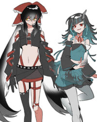  2girls belt belt_bra black_gloves black_hair black_jacket black_skirt black_sleeves black_thighhighs blue_camisole blue_hair blue_skirt bow breasts camisole chest_belt chinese_commentary closed_mouth clothing_cutout commentary_request cookie_(touhou) cosplay costume_switch cropped_jacket cross-laced_clothes cross-laced_sleeves crossover demon_girl demon_horns detached_sleeves expressionless feet_out_of_frame flat_chest foot_out_of_frame frilled_skirt frills garter_straps gloves hairbow hakurei_reimu highleg highleg_panties highres horns jacket layered_skirt ling_s long_hair long_sleeves looking_at_viewer midriff multicolored_hair multiple_girls nanashi_inc. navel oerba_yun_fang open_clothes open_jacket open_mouth panties pointy_ears red_belt red_bow red_eyes ribbon-trimmed_sleeves ribbon_trim shishio_chris shishio_chris_(1st_costume) shishio_chris_(cosplay) shoulder_cutout simple_background single_thighhigh skirt small_breasts smile sugar_lyric thighhighs touhou twintails two-tone_hair underwear very_long_hair virtual_youtuber voice_actor_connection white_background yellow_eyes yuyusu_(cookie) yuyusu_(cookie)_(cosplay) zipper_skirt 