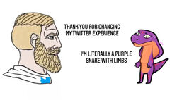  2020 anthro beard blonde_beard blonde_eyebrows blonde_facial_hair blonde_hair blonde_mustache chad_(meme) countershading dialogue duo english_text eyebrows facial_hair female hair hi_res human keeshee male mammal meme moustache ncs purple_body reaction_image reptile scalie snake snake_hood standing text the_truth twitter yes_chad 