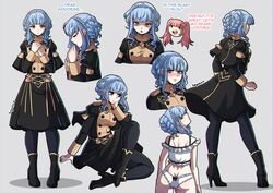  2girls ass black_bow black_legwear blue_hair bow braid closed_eyes crown_braid english_text fire_emblem fire_emblem:_three_houses frills gold_trim half-closed_eyes hand_on_own_cheek hand_on_own_face high_heels highres hilda_valentine_goneril kinkymation looking_back marianne_von_edmund multiple_girls multiple_views own_hands_clasped own_hands_together panties poses praying reference_sheet school_uniform sitting thighhighs underwear underwear_only uniform updo 