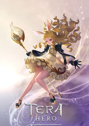  absurdres animal_ears black_gloves blonde_hair copyright_name curly_hair dress elin female full_body gloves high_heels highres knees_together_feet_apart korean_commentary legs long_hair pjman priest_(tera_online) rabbit_ears rabbit_tail red_eyes shoes smile solo staff tail tera_online thighs weapon white_dress wind wind_lift 